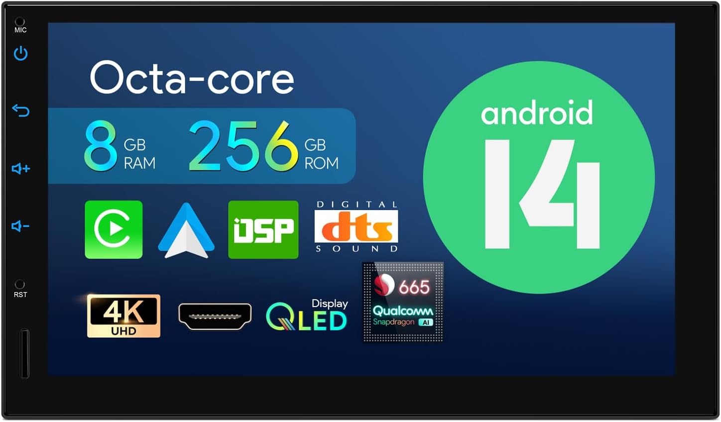 XTRONS Double Din 7 Inch Touch Screen Car Stereo, Android 14 Octa Core 8GB+256GB, Built-in DSP Support CarPlay Android Auto HDMI Output 4K Video 5Ghz WiFi