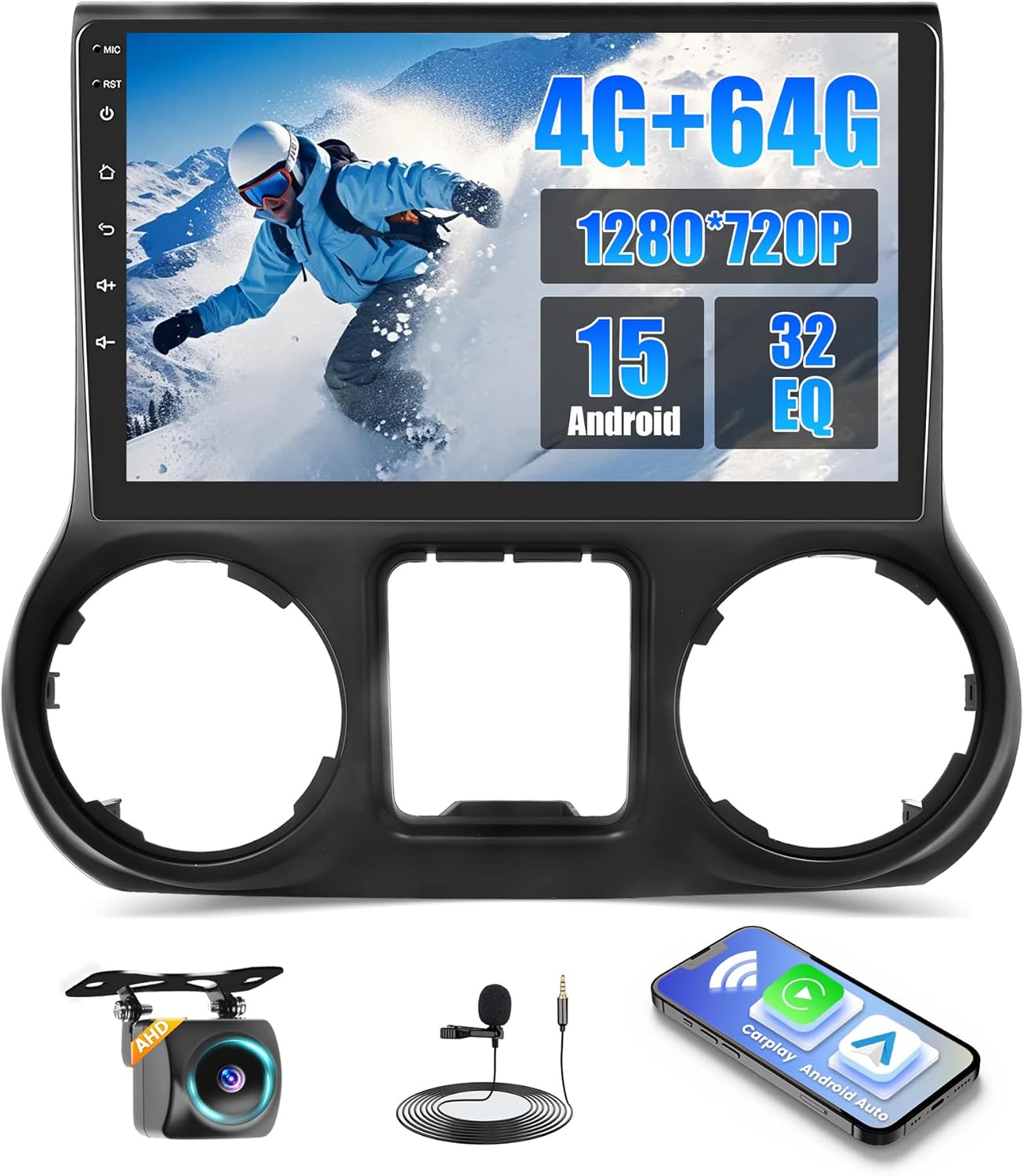 4+64G Car Stereo Radio for Jeep Wrangler 2011 2012 2013 2014 with Wireless CarPlay Android Auto, 10.1 Inch Android Touchscreen for Wrangler Car Stereo with Bluetooth 5.0, FM/RDS, 32EQ, GPS, WiFi, UI