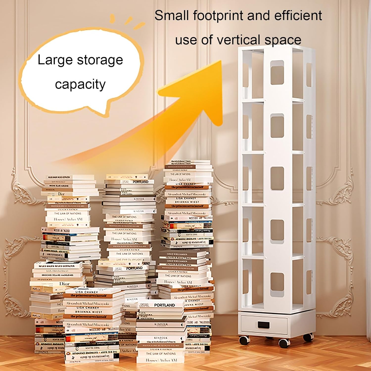 4-Tier Rotating Bookshelf, Freestanding Corner Book Shelf, 360° Spinning Bookcase, Metal Storage Rack with Wheels, for Living Room, Bedroom, Study