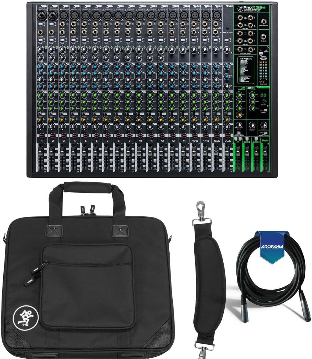 Mackie ProFXv3 22-Channel Professional Effects Mixer with USB + Software Bundle - Bundle With Mackie Carry Bag for ProFX22v3 Mixer, 20' Heavy Duty 7mm Rubber XLR Microphone Cable