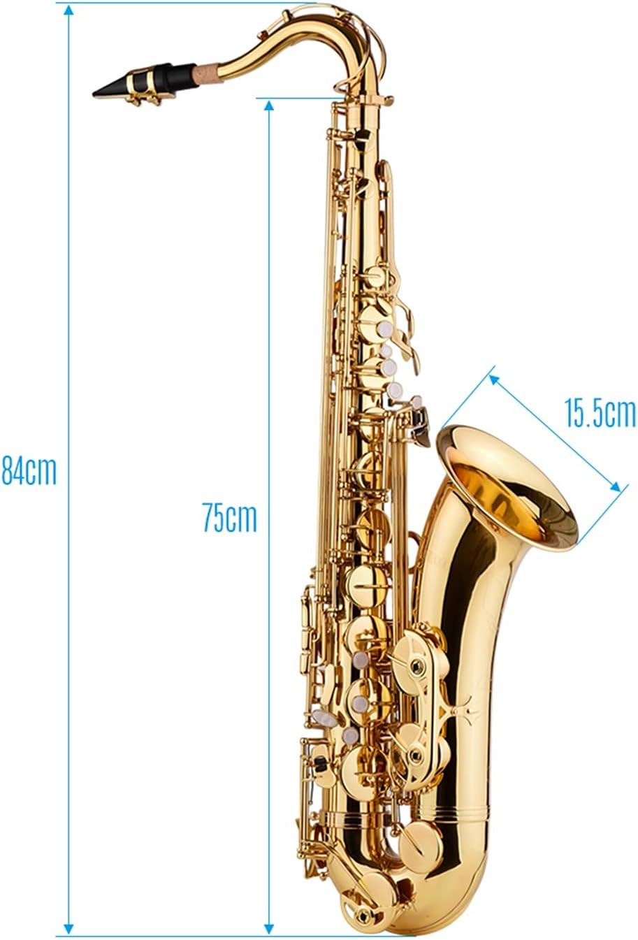 Bb Tenor Saxophone Sax Brass Body Gold Lacquered Surface with Carry Case Gloves Cleaning Cloth Brush Student Saxophone