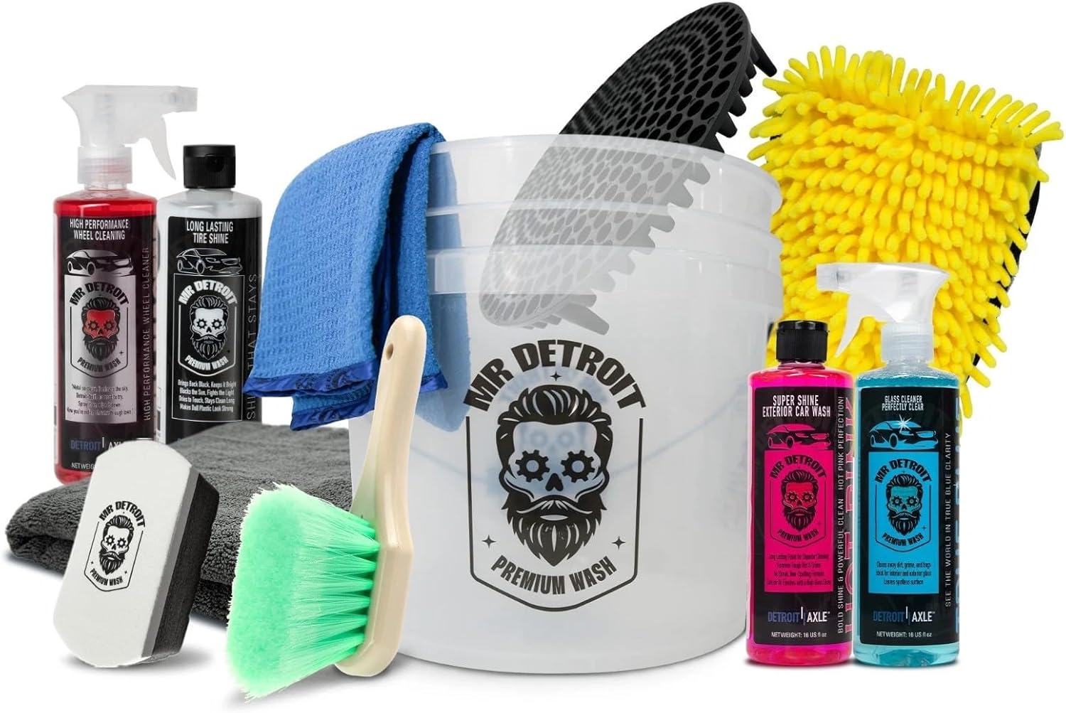 Mr. Detroit - 11pc Car Washing Kit Wheel & Body Brush, 3.5 Gal Bucket/Filter, Wheel and Glass Cleaner, Car Wash Soap, Tire Shine, Wash Mitts, Glass Drying Towels, Applicator Pad