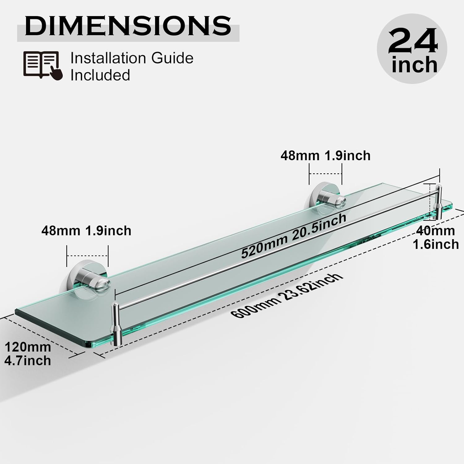 Glass Shelf for Bathroom 2 Pack,24-Inches Floating Glass Shelves Towel Bar/Track(Chrome Polished)