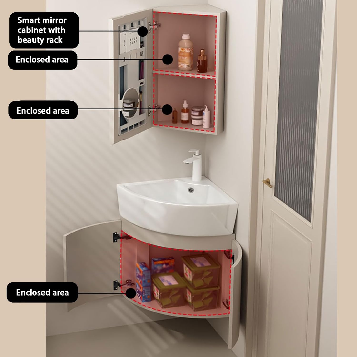Corner Wall Mount Bathroom Sink, Corner Bathroom Vanity with Sink, Ceramic Corner Sink with Storage Container, Ceramic Wash Basin, Mirror Cabinets with Anti-Fog, for Small Space(33cm/13in)