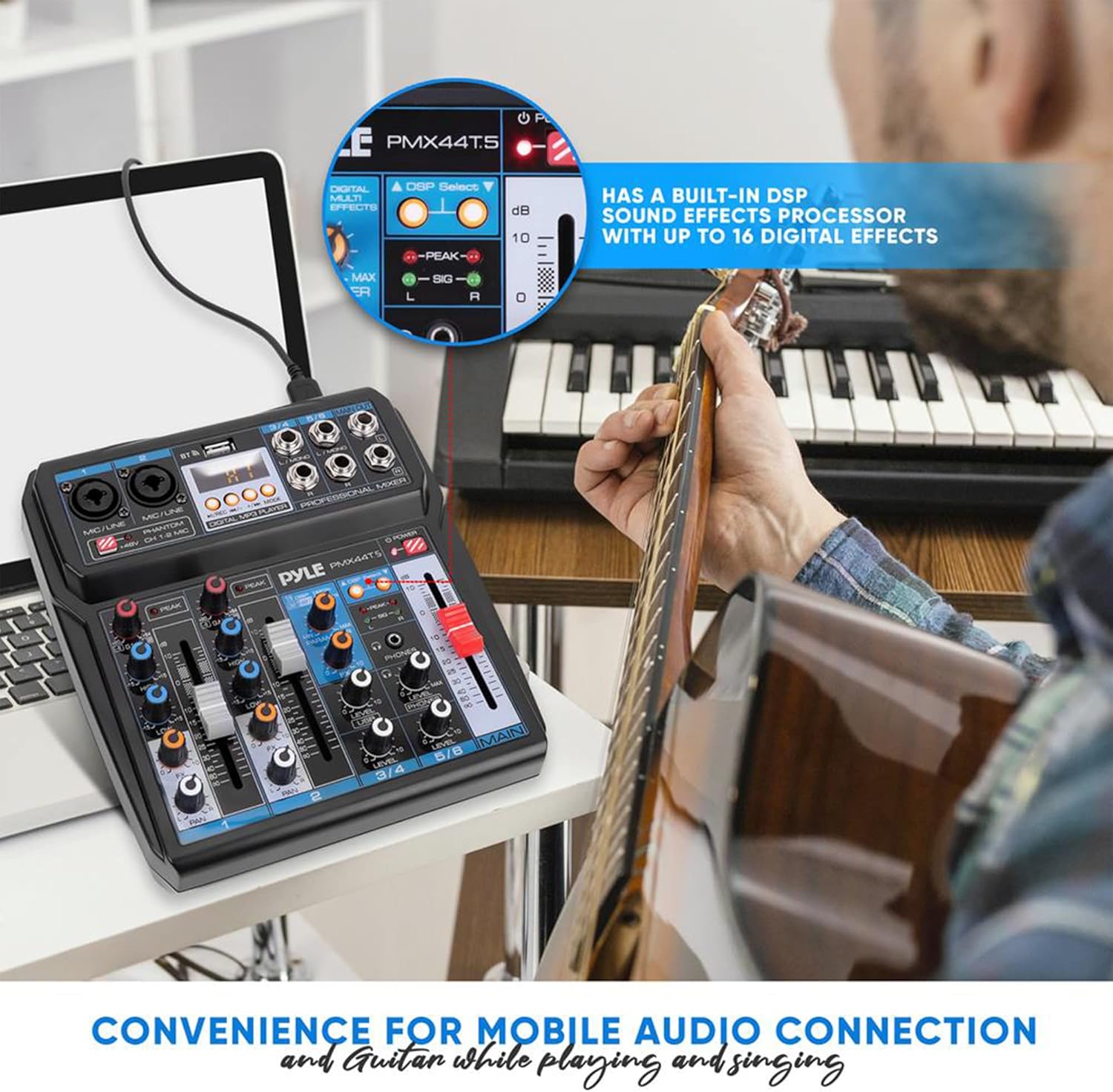 Pyle Professional Wireless DJ Audio Mixer - 6-Channel Bluetooth Compatible DJ Controller Sound Mixer w/ DSP Effects, USB Audio Interface, Dual RCA In, XLR/1/4