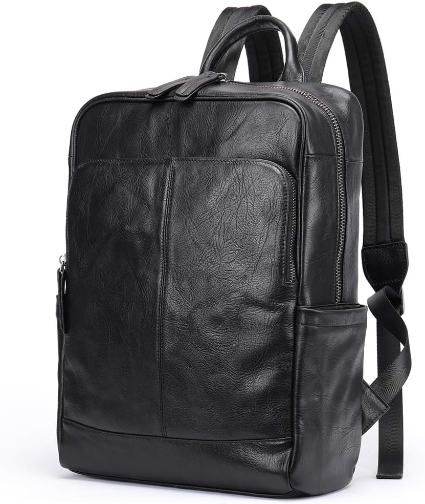 Vintage Genuine Leather Sling Backpack, Water-Resistant Laptop Bag with Multiple Pockets Gift Box (Black)