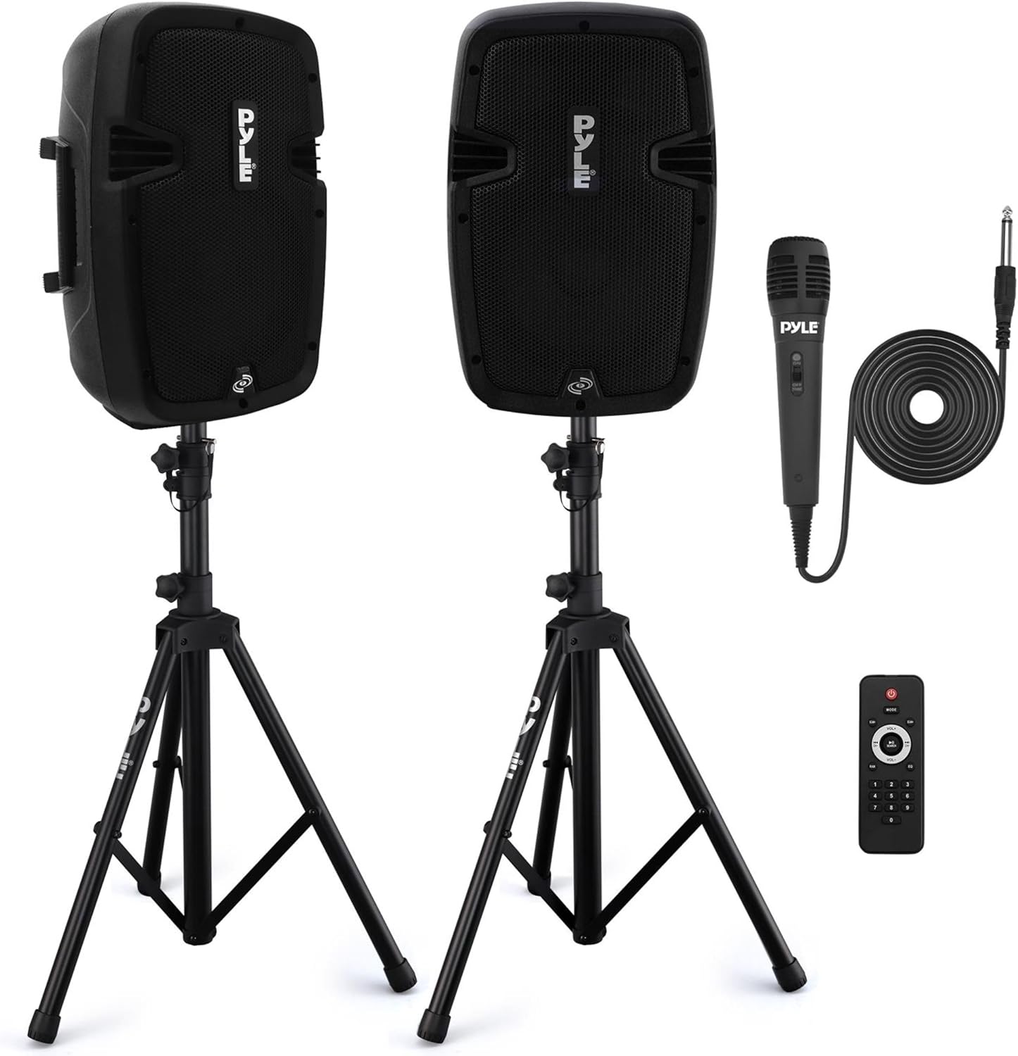 Pyle Powered PA Speaker System Active & Passive Bluetooth Loudspeakers Kit with 8 Inch Speakers, Wired Microphone, MP3/USB/SD/AUX Readers, Speaker Stands- PYLE PPHP849KT.5,Black