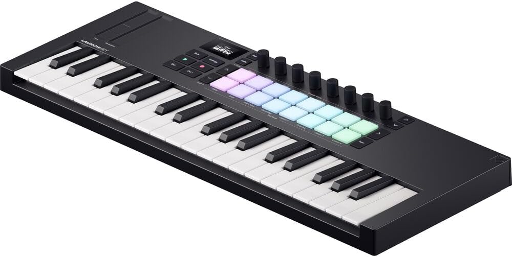 Novation Launchkey Mini 37 MK4 USB MIDI Keyboard Controller (37 Mini Keys) Bundle with Auray FP-P1L Universal Piano-Style Sustain Pedal and Hosa Mid-310 Black 10 ft. Midi cable