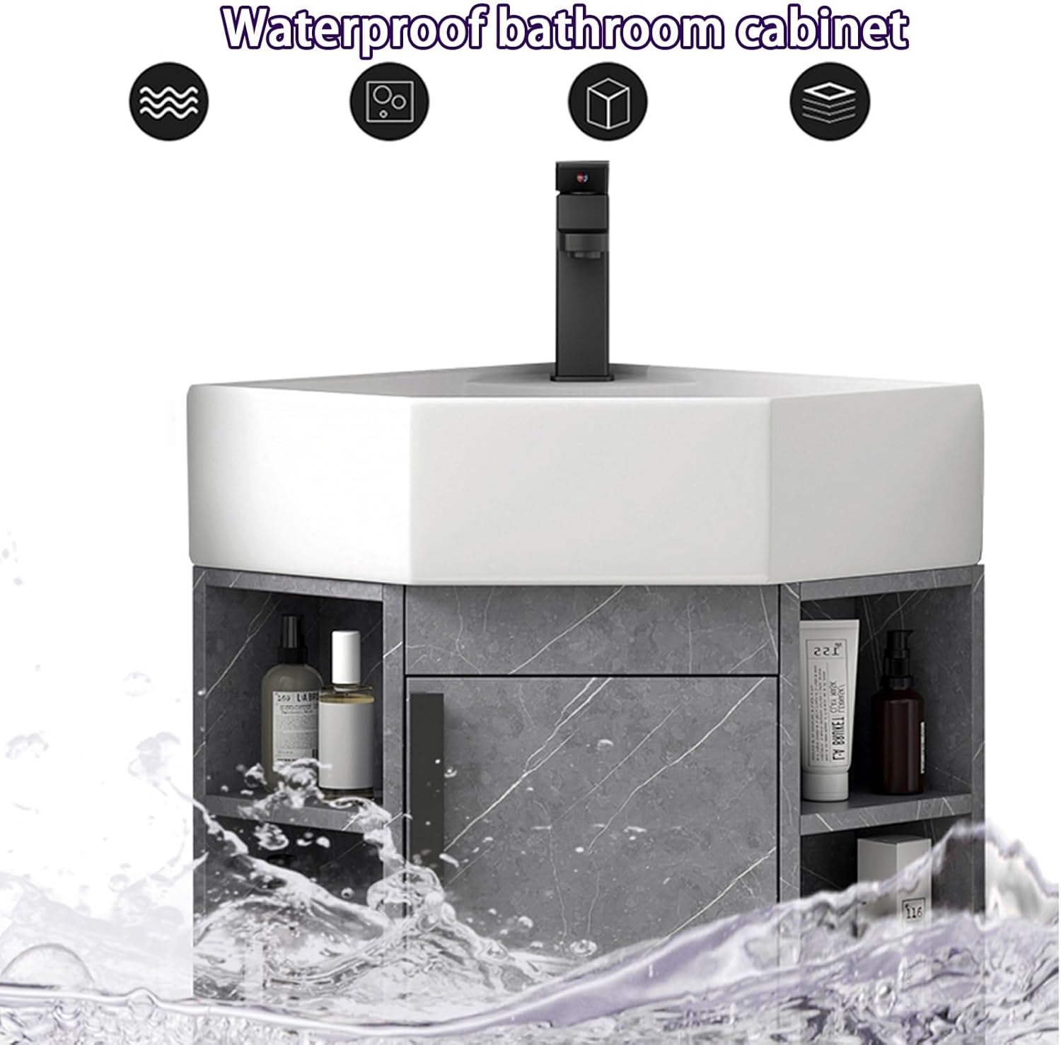 Corner Wall Mount Bathroom Sink, Corner Bathroom Vanity, Bathroom Sink Cabinets, Ceramic Corner Sink with Storage Container and Mirror Cabinet, for Kitchen Bathroom Lavatory(Gray,45cm/17.7in)