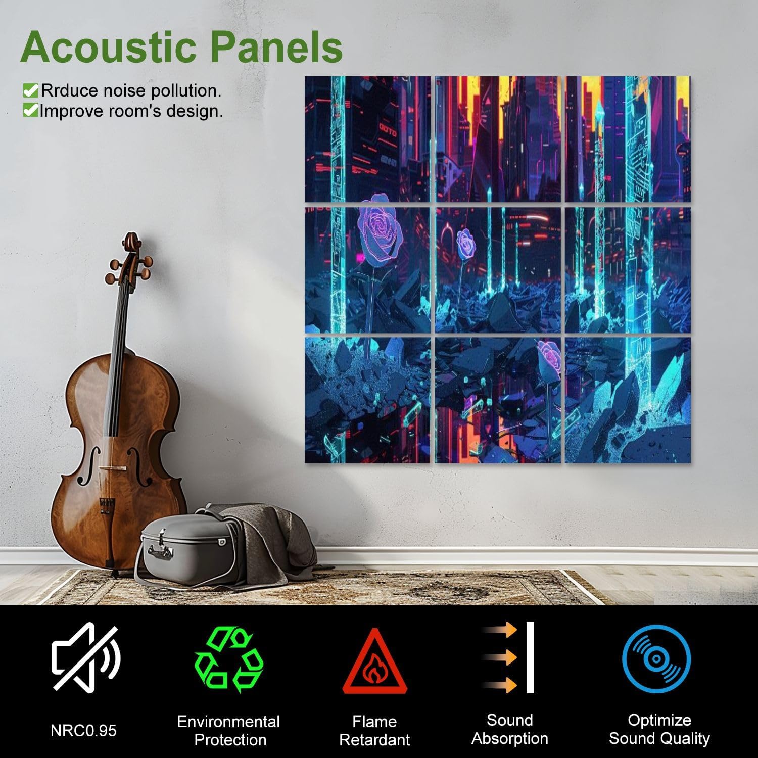 Art Acoustic Panels Self Adhesive Shattered Ruins Glow In Dark Canvas Print 9 Packs Decorative Soundproof Wall Panels Large Sound Absorbing Panels for Home Office 60