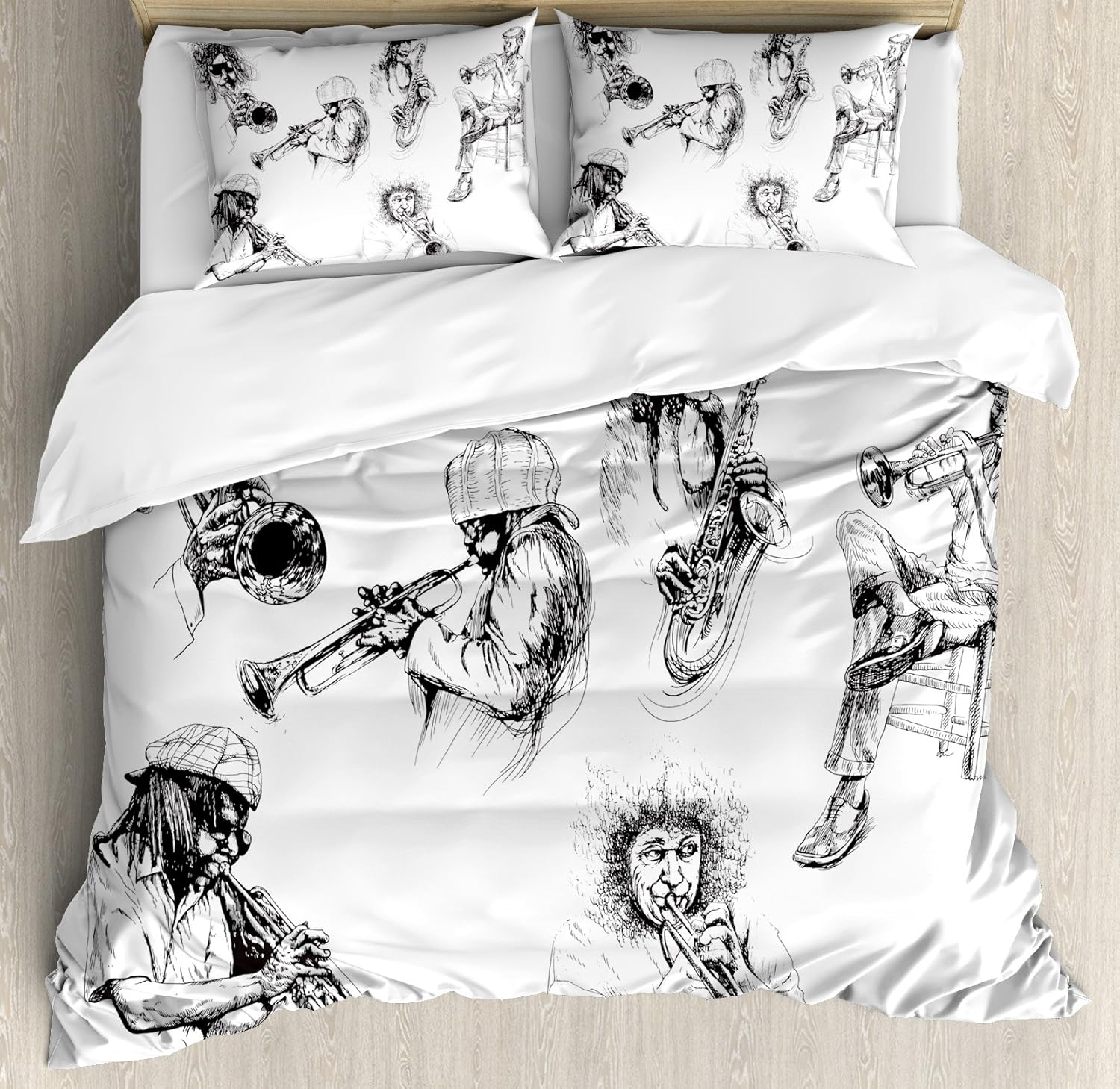 Ambesonne Music Duvet Cover Set, Sketch Image Jazz Players Playing Instruments Trumpet Saxophone Music Theme, Decorative 3 Piece Bedding Set with 2 Pillow Shams, King Size, Charcoal Grey White