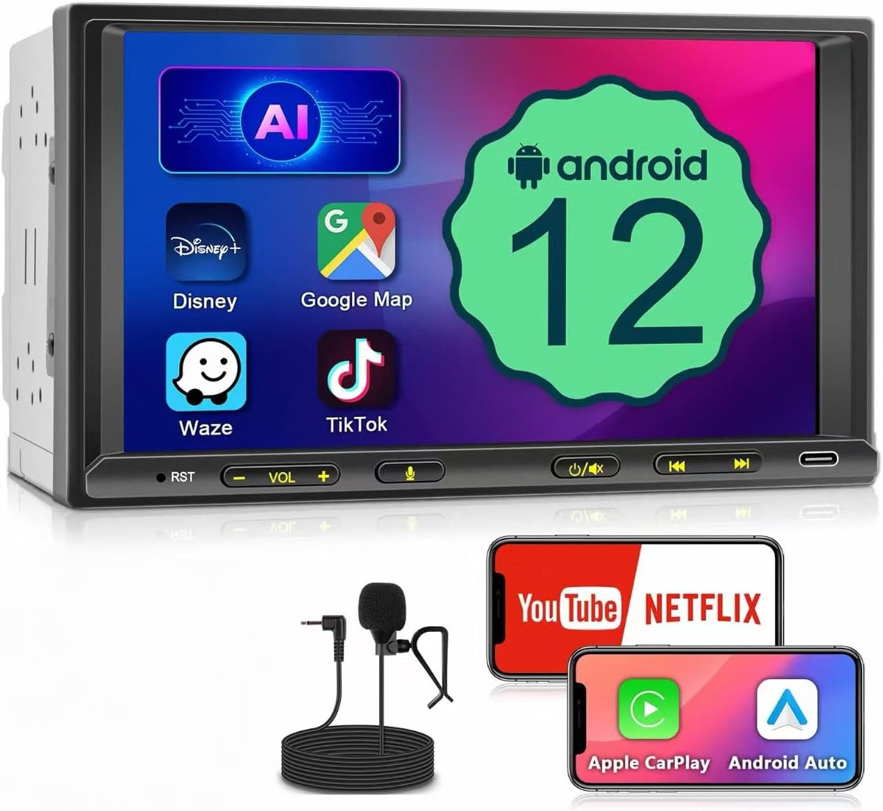 Double Din Car Stereo: 7 Inch Android 12 Double Din Car Radio Compatible with Wireless Apple Carplay & Android Auto - Dual 2 Din Touchscreen Car Audio Receiver Player