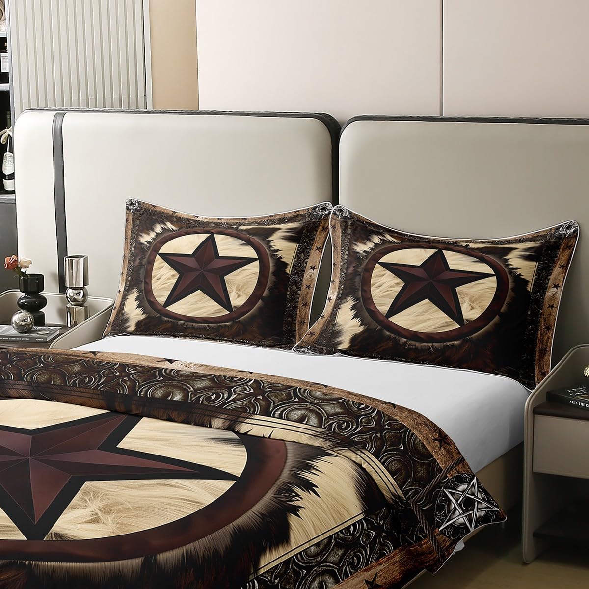 Erosebridal 100% Natural Cotton Rustic Cow Print Duvet Cover Full,Vintage Western Texas Star Bedding Set for Women Men,Cowhide Bull Cattle Fur Comforter Cover,Farm Animal Bed Sets with 2 Pillow Shams