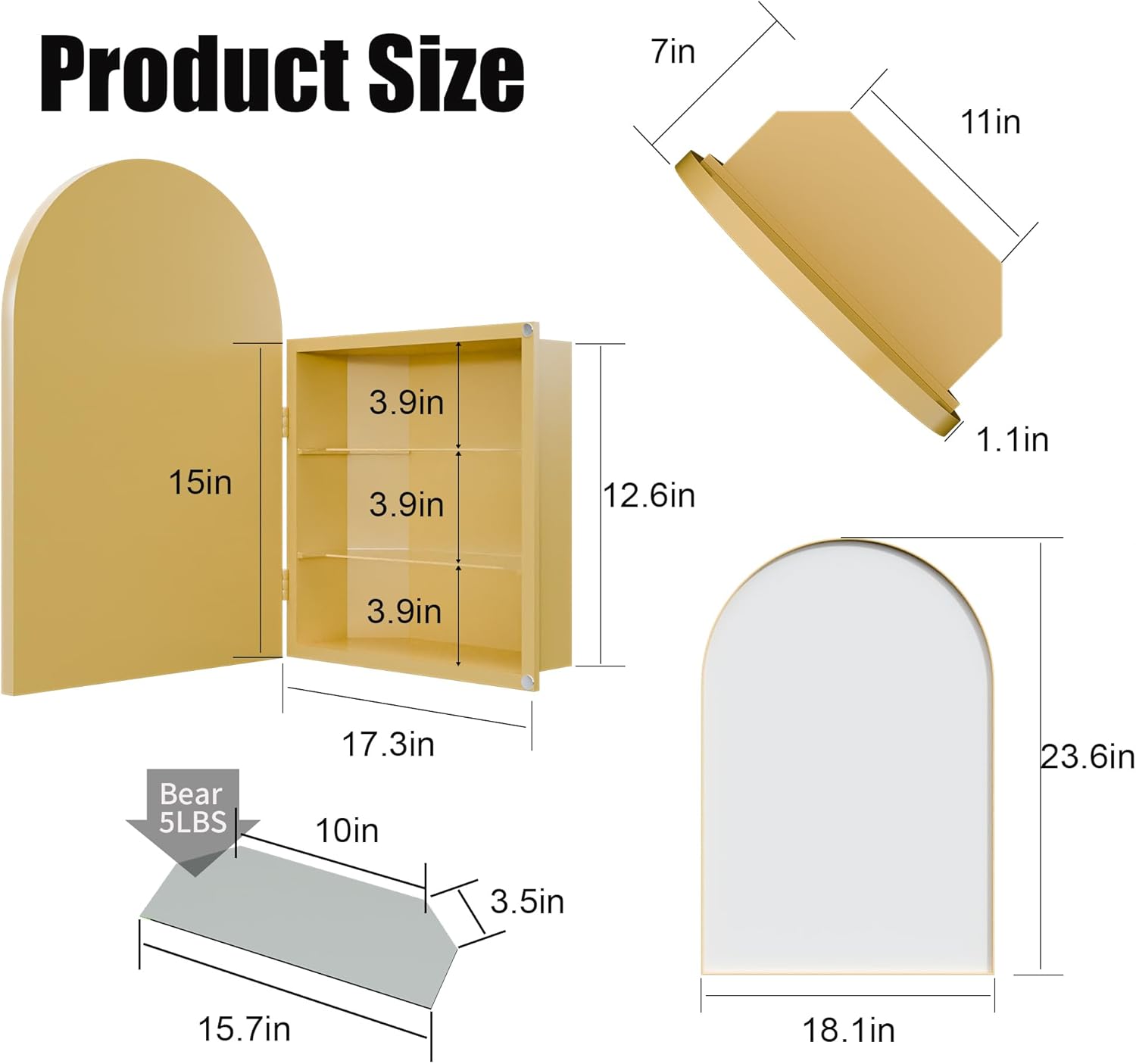 Space-Saving Metal Corner Medicine Cabinet with Arched Mirror & Adjustable Glass Shelves – Wall-Mounted Bathroom Storage Organizer for Small Spaces (Golden)