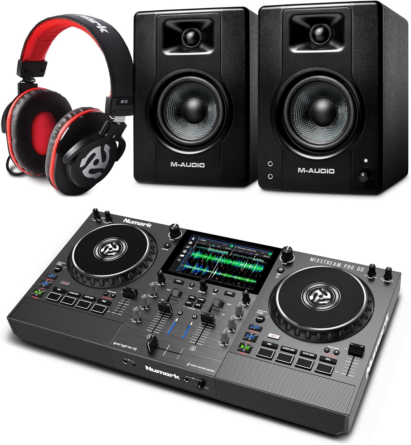 Numark Mixstream Pro Go DJ Controller and M-AUDIO BX3 Pair Studio Monitors with Headphones for Studio Recording, Music Production, Podcasting, Streaming