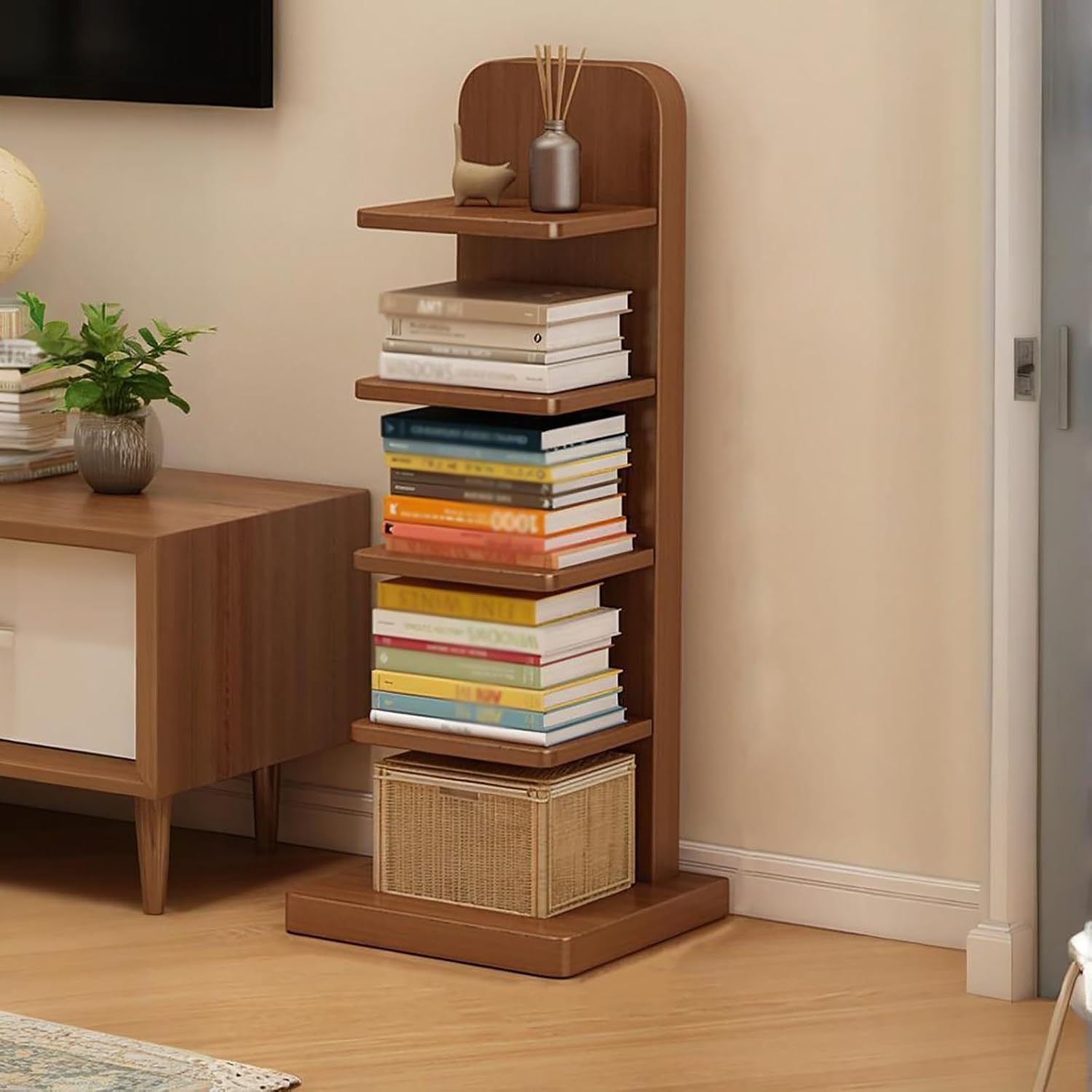 Modern Vertical Bookshelf Tower, Free Standing Bookcase Open Shelves, Simple Narrow Invisible Floor Wall Bookshelf for Small Spaces, Living Room, Bedroom, Office(Brown,87cm/34.2in)