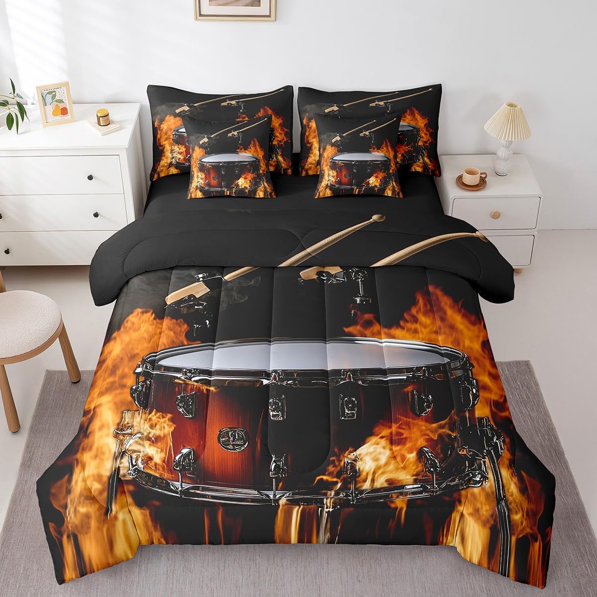 Erosebridal 7 Piece Grunge Drum Kit Bedding Set Full Size Comforter Set,Burning Fire African Drum Bed in a Bag,Classical Rock Roll Music Flat Fitted Sheet,Pop Music Lovers Bedding Comforter Sets