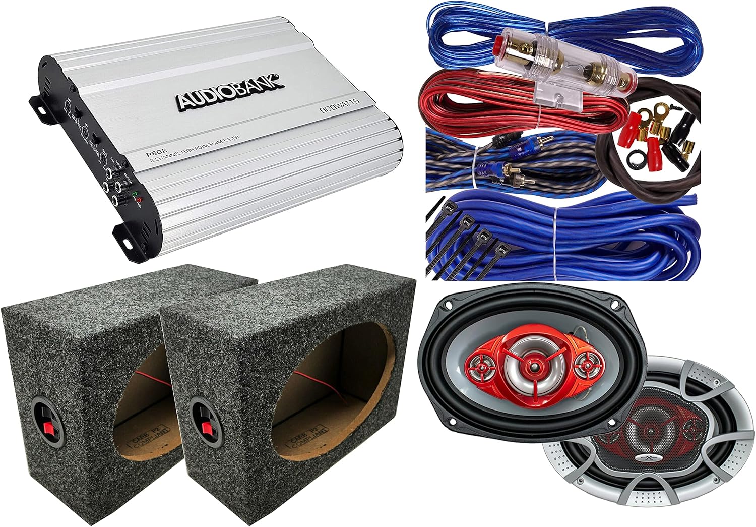 SoundXtreme SX 6x9 in 4-Way 520W Car Speakers Audiobank P802 2 Ch Amplifier Angled Style 6x9 Car Audio Enclosures Speaker Boxes Pair & Amp Kit