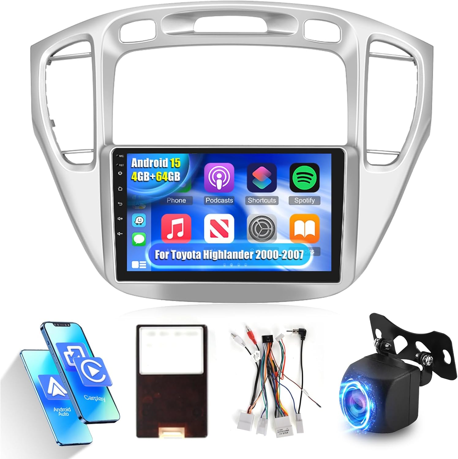 Upgrade Radio for Toyota Highlander 2000-2007, [4+64G] Android 15 9 inch IPS Touchscreen Car Stereo - Custom Homepage, Wireless Carplay and Andorid Auto, DSP/EQ, 5G/WiFi, GPS + Rear View Camera