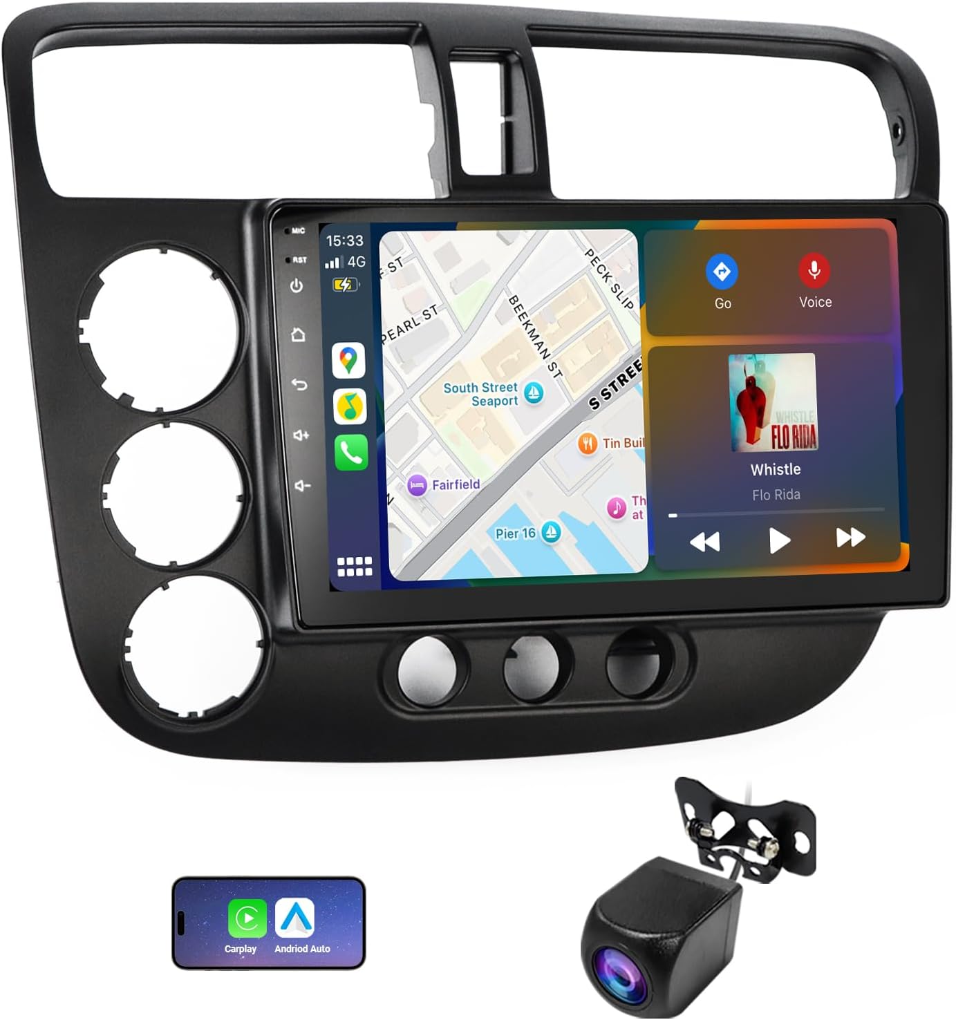 9 inch HD Touch Screen Car Stereo Radio for Honda Civic 2001-2005 with Wireless CarPlay & Android Auto, Built-in DSP/2G+64G/Bluetooth/GPS/WiFi/Backup Camera/Mic