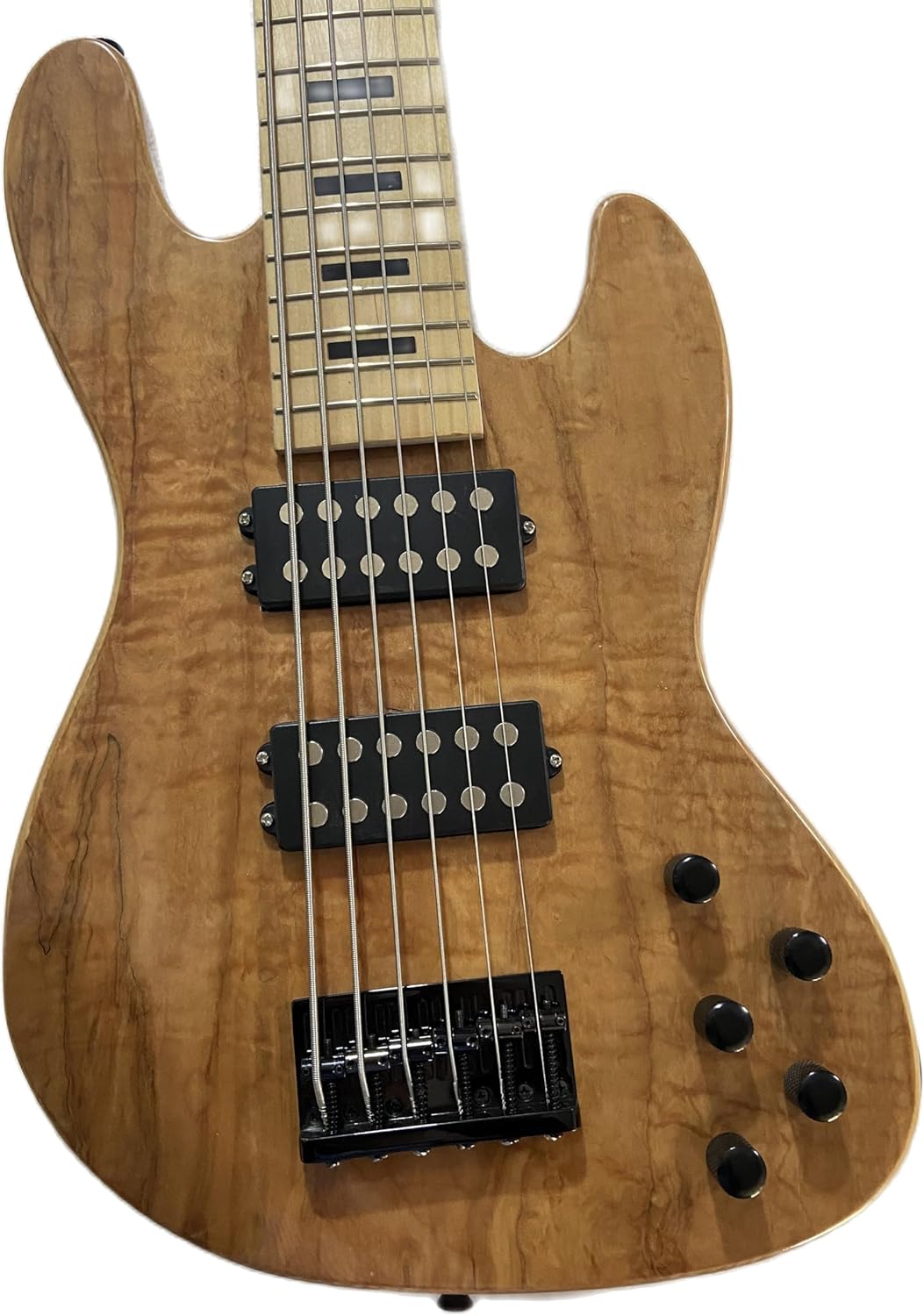 Custom Wood Color Jazz Bass, Solid Ash Body With Quilted Maple Veneer,Active HH PickupS, 6 Strings,Black Hardware