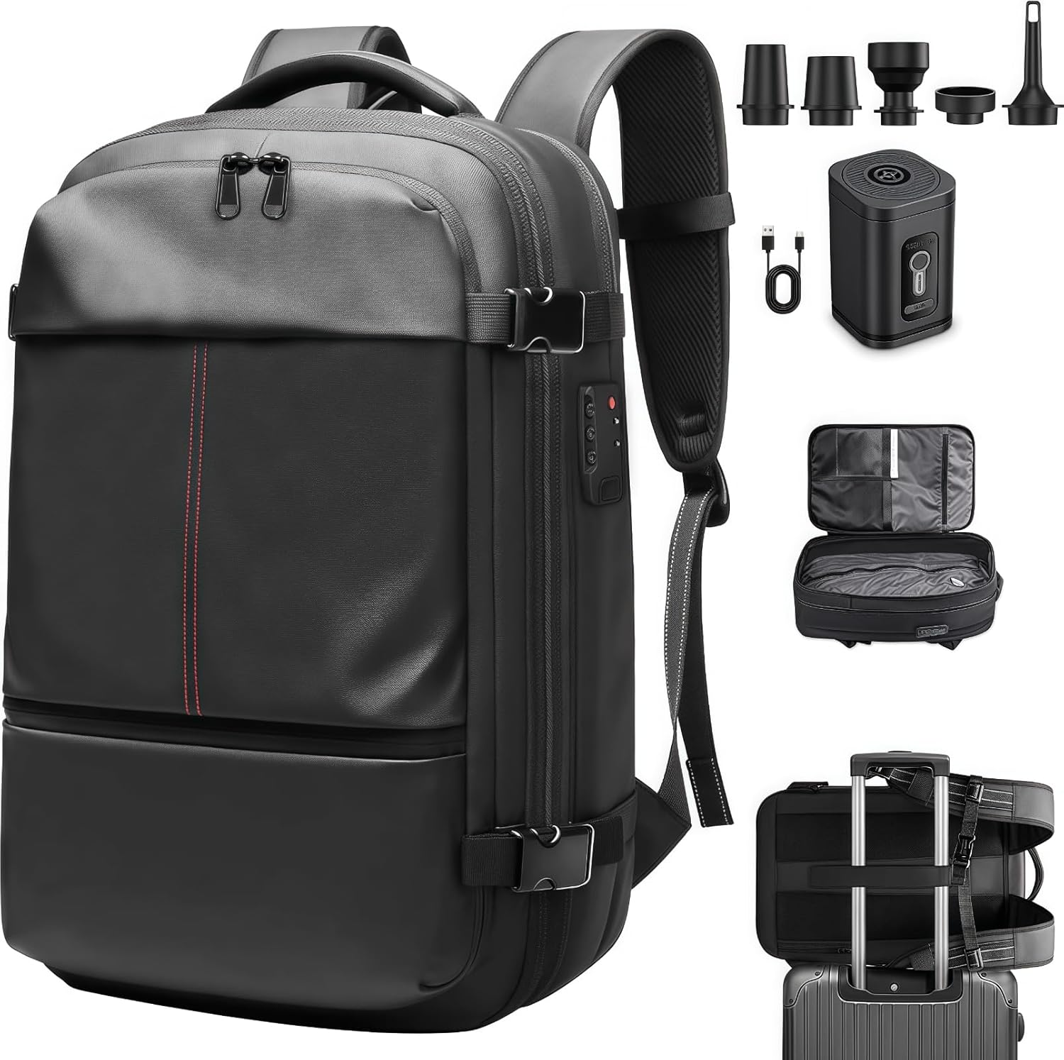 Vacuum Backpack Travel, Expandable Air Compression System, Airback Vacpack Backpack TSA Lock Water Resistant Carry-On Luggage Black with Air Pump