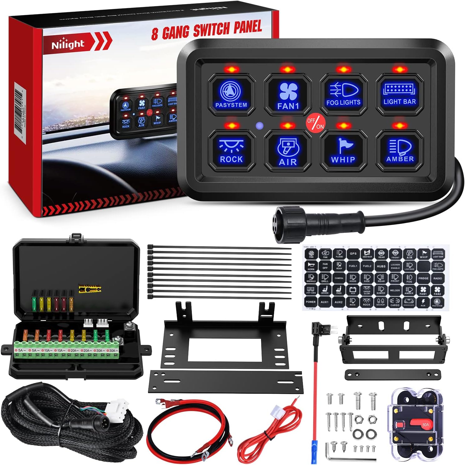 Nilight 8 Gang Switch Panel System Circuit Control Relay System Fuse Wiring Harness Automatic Dimmable ON Off LED Switch Pod for 12V Cars Trucks Campers SUV, 2 Years Warranty,Blue