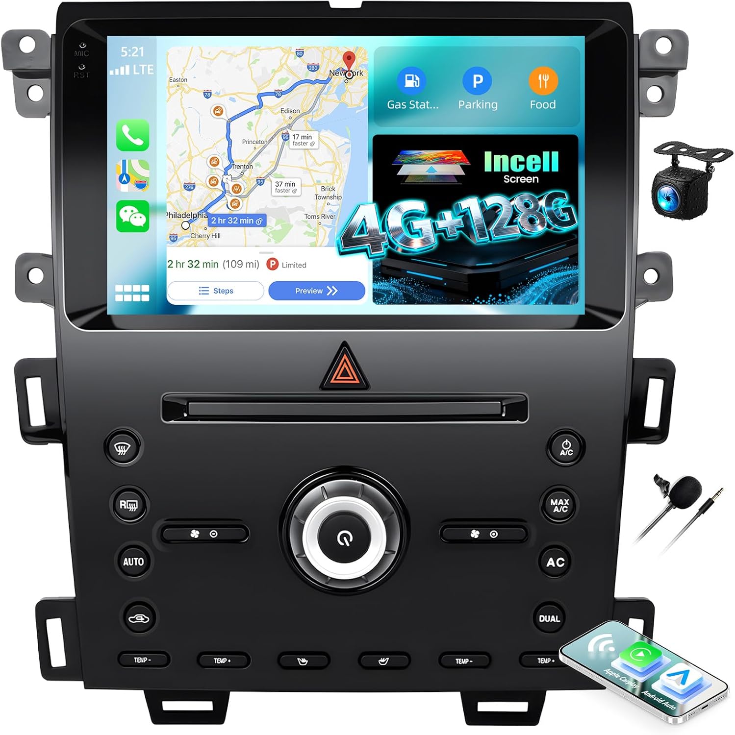 4G+128G Andriod Car Radio for Ford Edge 2011-2015 with CarPlay Android Auto 10.1 Inch Incell Touch Screen with GPS Navigation WiFi Backup Camera Mic