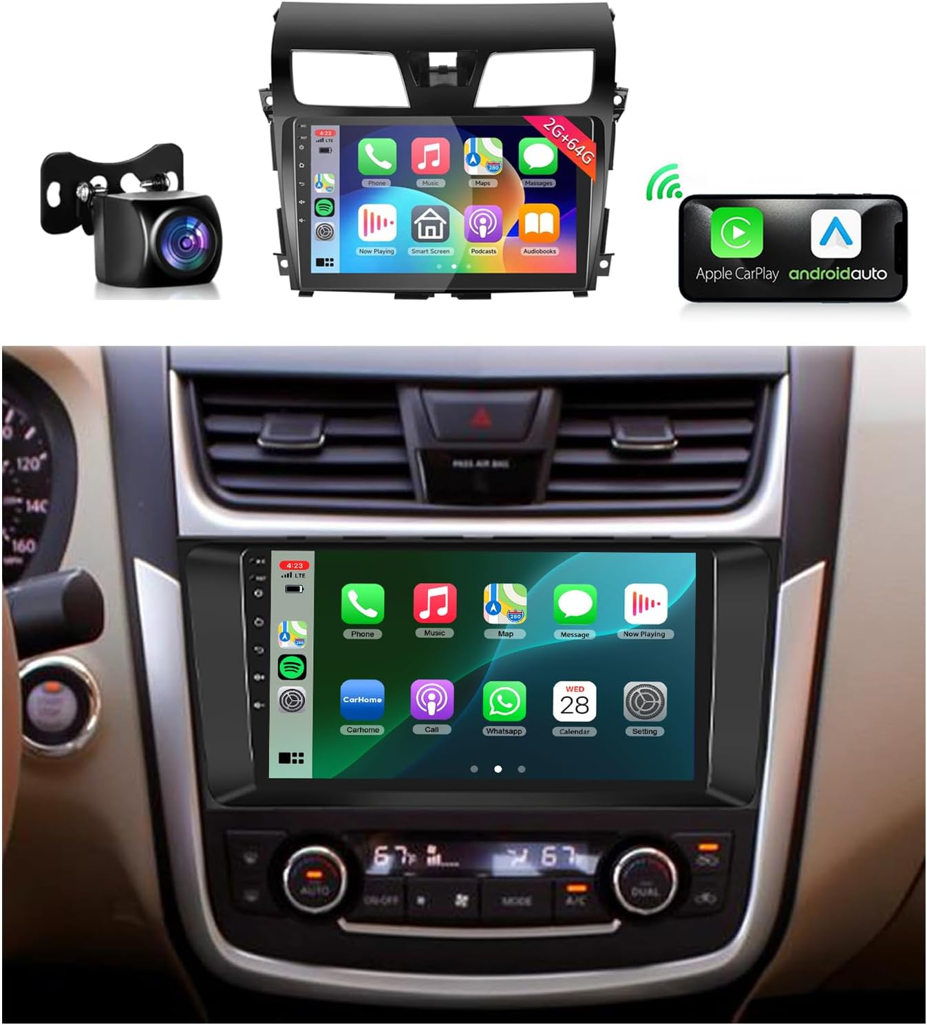 2G 64G Radio for Nissan Altima 2013-2018 Android Car Stereo with Wireless Carplay Android Auto MirrorLink,Podofo 10.1'' 1080P HD IPS Touchscreen Bluetooth GPS 16EQ 28UIs WiFi FM RDS AHD Backup Camera