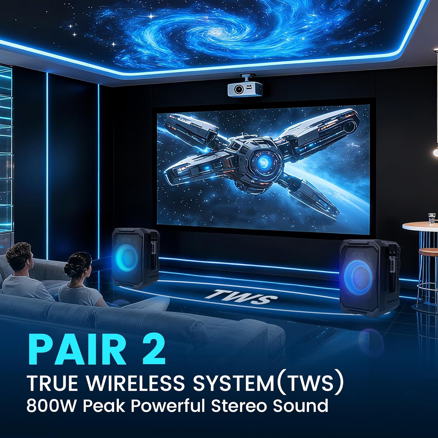 Karaoke Machine with 2 Wireless Microphones, Portable Bluetooth Party Karaoke Speaker with LED Lights, Bass/Treble Adjustment, TWS, 800W(Peak) PA System for Home Party, Supports USB/AUX/REC/Mic-in