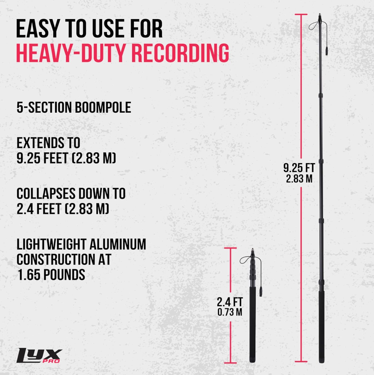 LyxPro Portable Mic Boom Pole Arm 5 Section Stretchable Padded Handheld Telescopic Aluminum Adjustable With Built In Internal XLR Cable Shotgun Zoom Microphones, Fish Pole extends 2.4’ - 9.25’ MPL-20