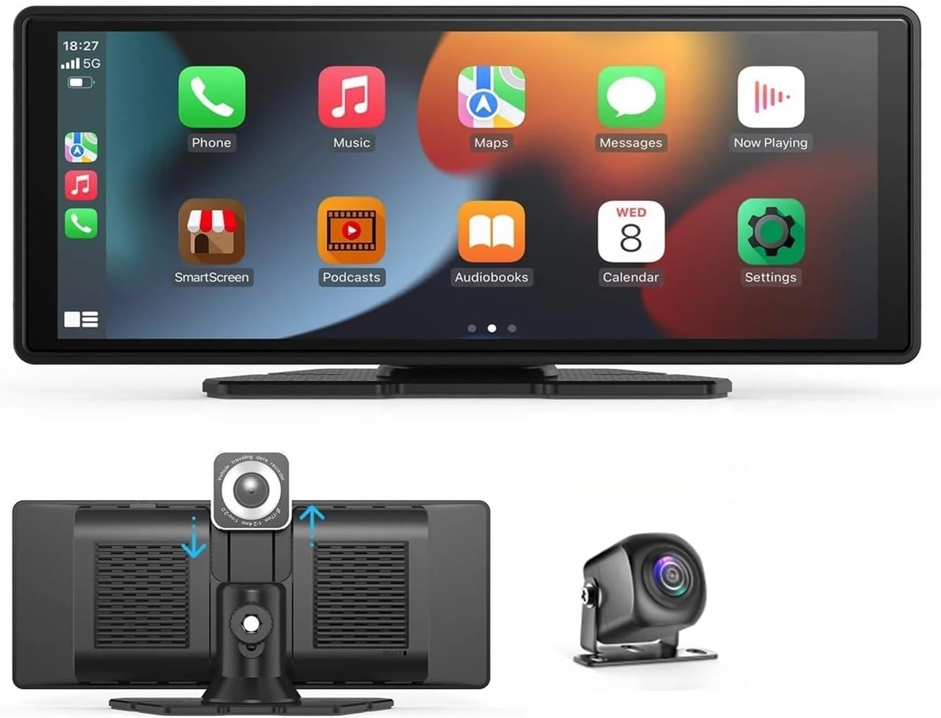 Universal Portable Carplay for Car Screen, Wireless Carplay Screen Wireless Car Stereo with Carplay Android, Car Touchscree(Dual Camera 64G Card)