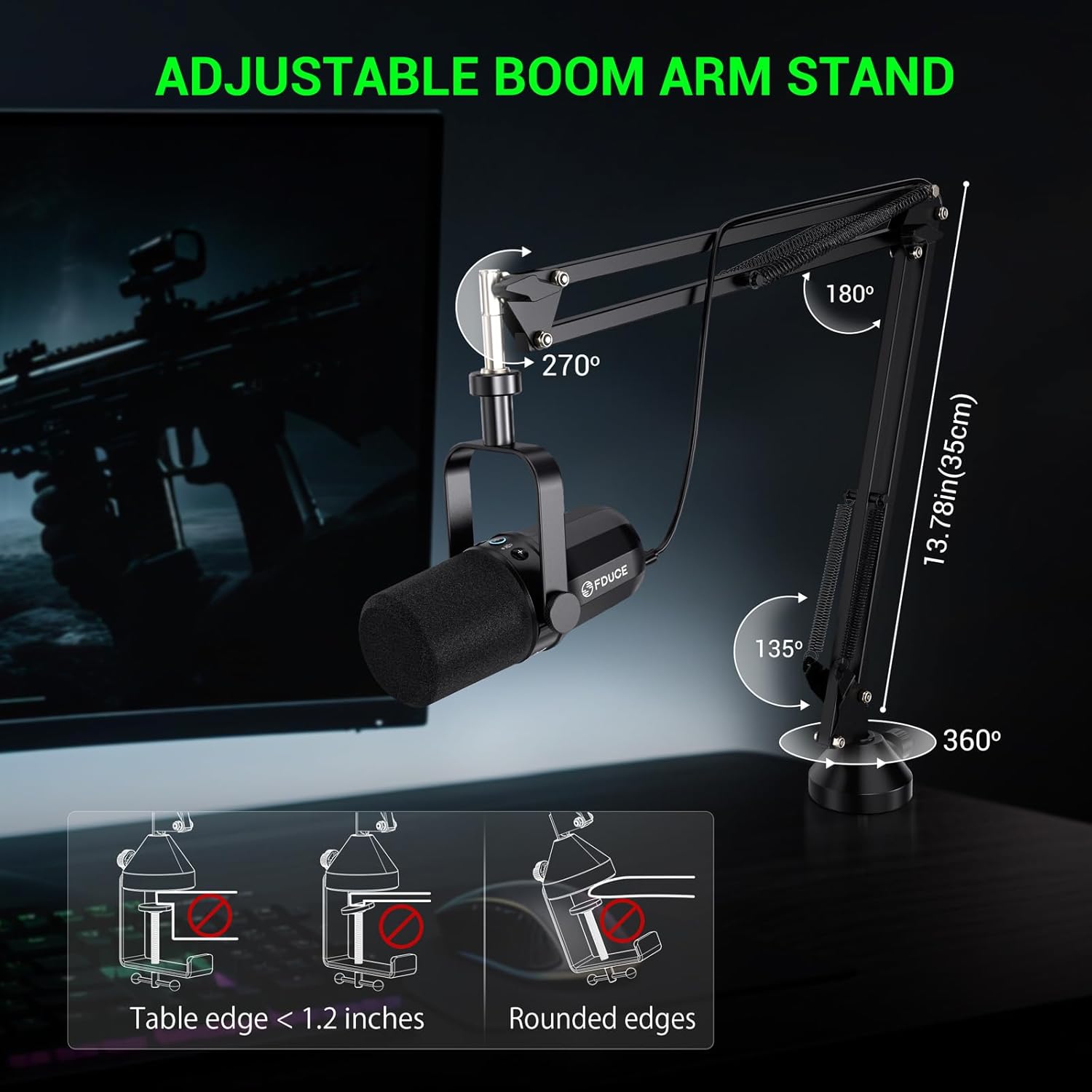 FDUCE Dynamic Microphone, XLR/USB Podcast Recording PC Microphone for Vocal Voice-Over Streaming, Studio Metal Mic with Mute, Headphone Jack, Monitoring Volume Control, with Boom Arm (SL40+)