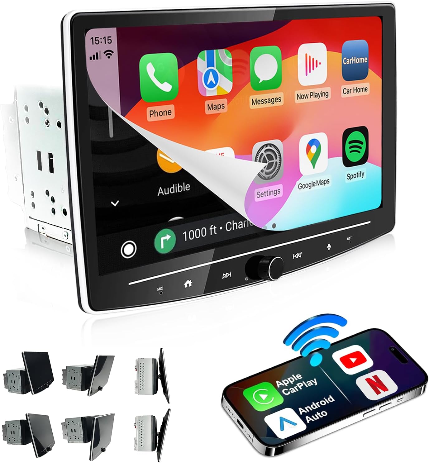 10 inch Double Din Car Stereo Wireless Apple CarPlay & Android Auto, QLED Floating Touchscreen Radio with YouTube, Netflix, TikTok, Bluetooth Navigation, 240W Powerful Sound, 32GB Storage