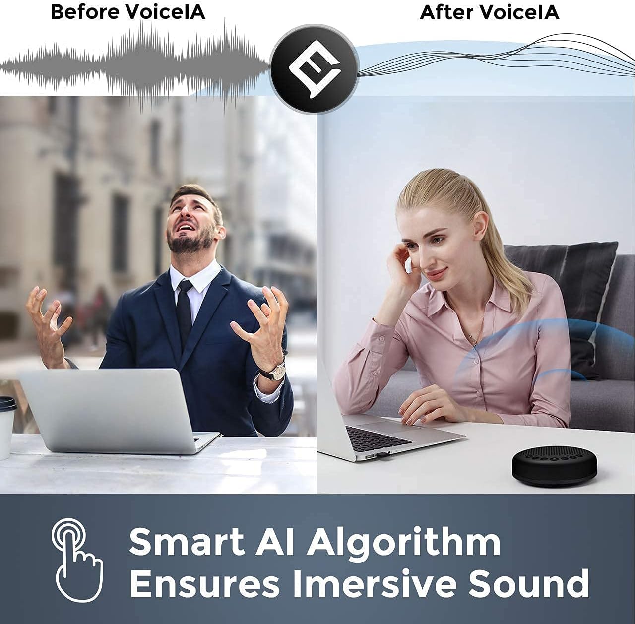 Luna Speakerphone+Daisy Chain Cable - Luna Computer Speaker with Microphone 2pcs w/Cable, Conference Microphone for Home Office & Meeting up to 12 People, Speakerphone Idea for Business Gift Black