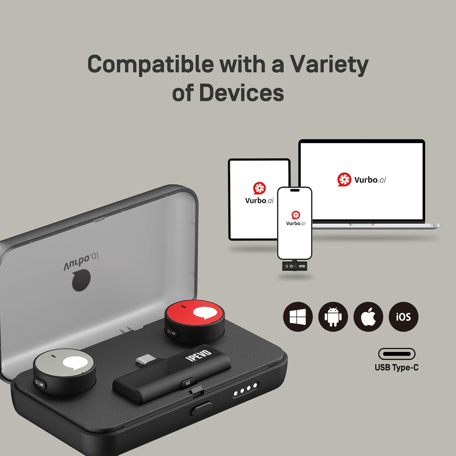 IPEVO VOCAL WEARABLE Wireless Lavalier Microphone with Charging Case + Software, Plug-Play, AI Real-Time Notetaker, Summarize, Translate (90+ Languages), Voice Recorder for Lectures, Meetings, Seminas