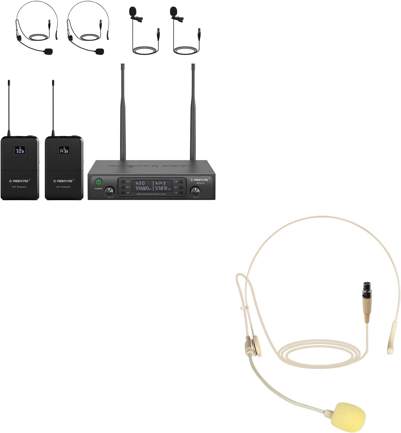 Phenyx Pro Dual Wireless Microphone System PTU-71-2B Bundle with Beige Color Lavalier Headset Mic