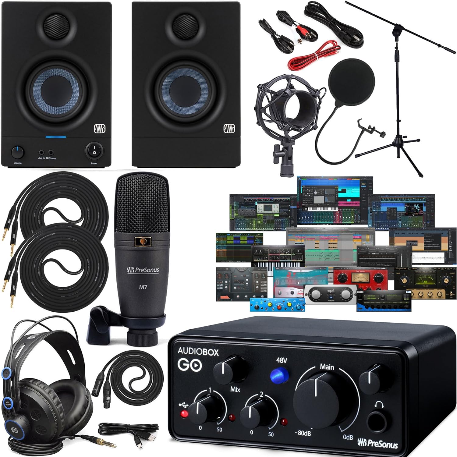 PreSonus AudioBox GO USB-C Audio Interface Creator Recording Bundle with Studio One Artist Software Pack and New Eris E3.5 Studio Monitors, HD7 Headphones