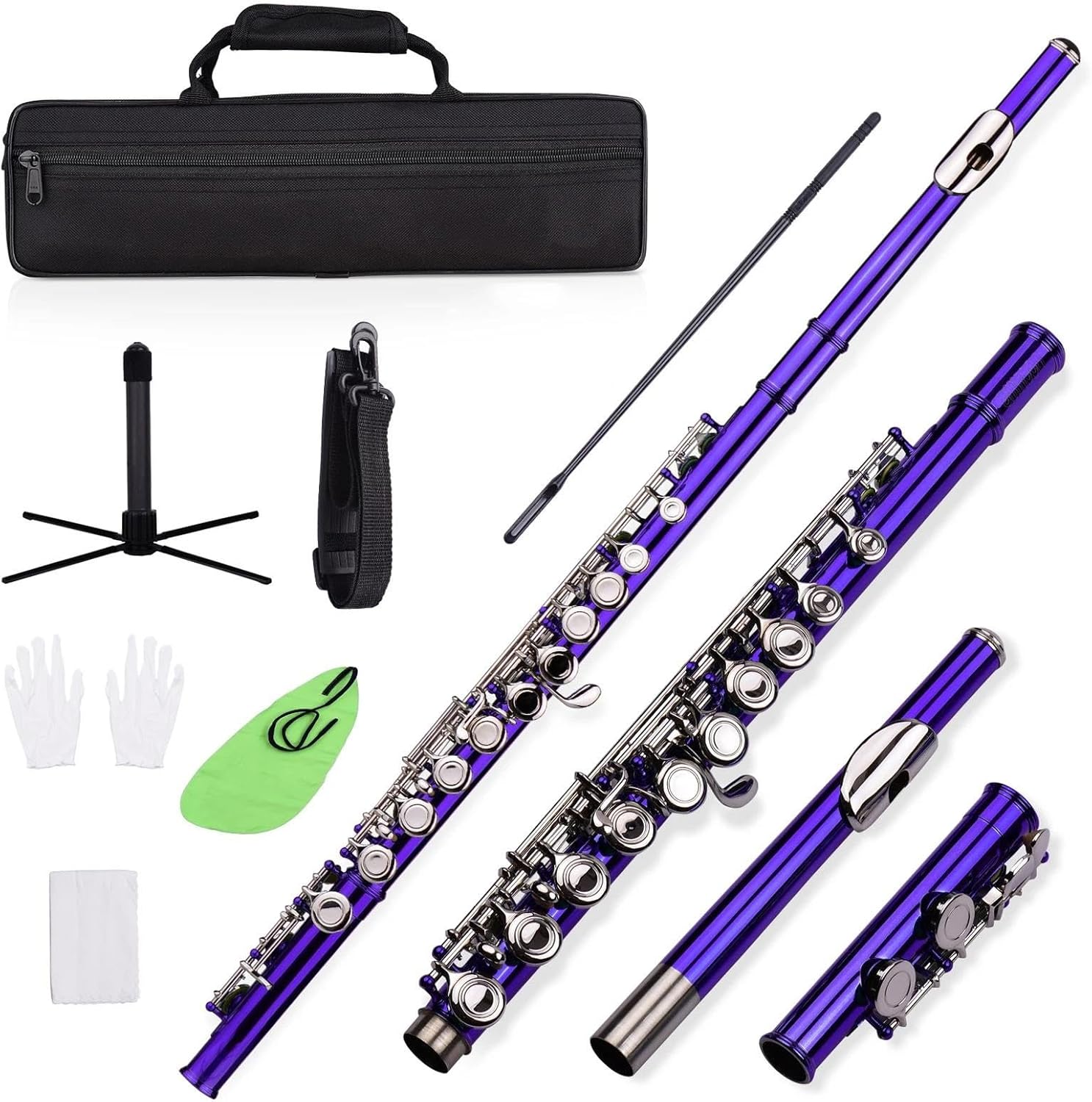 Closed Hole C Flute 16 Keys Nickel-Plated Brass Wind Instrument Carrying Case