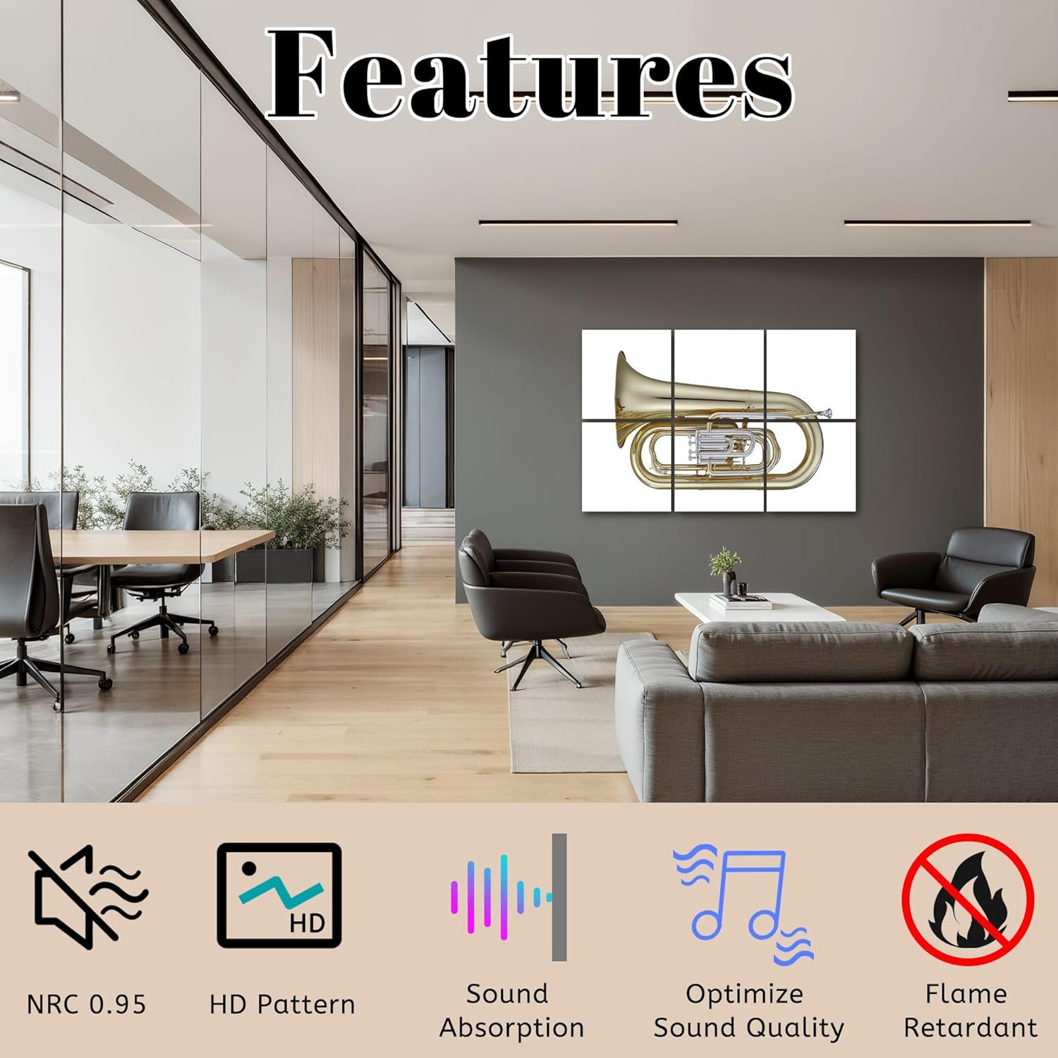 6 Panels Art Acoustic Panels Golden Euphonium Euphoniums Brass Music Instrument White Soundproof Wall Panels Padding Decorative Sound Absorbing Panels 72