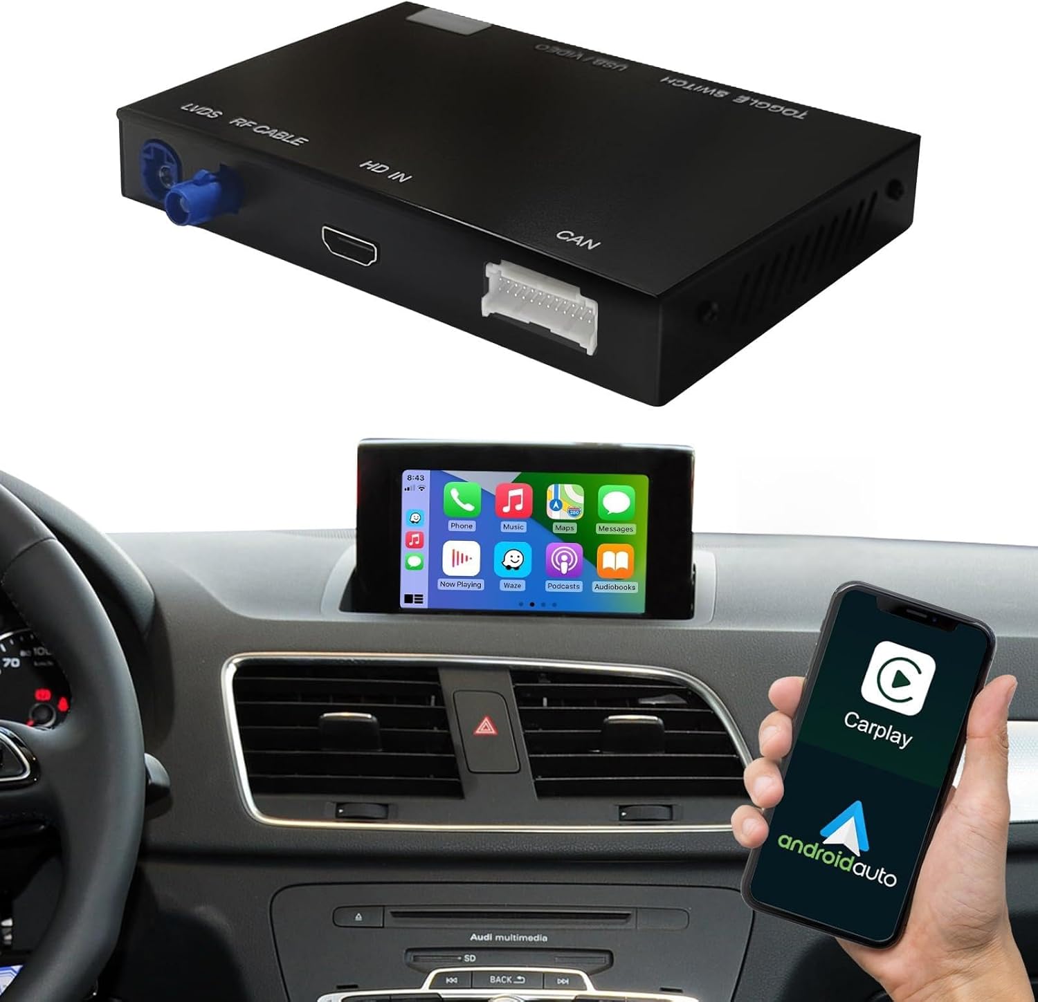 Wireless Carplay/Android Auto Decoder for Audi Q3 2013-2018 with RMC System Supoort Airplay/Autolink/Siri/Bluetooth/GPS