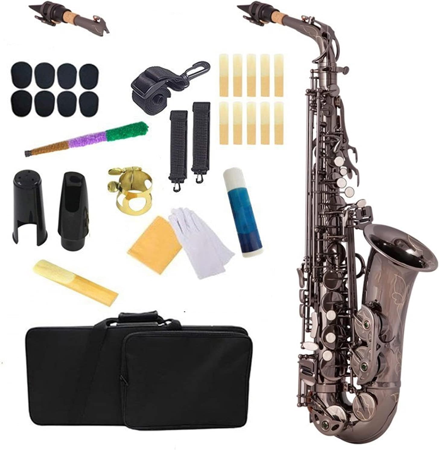 EB Alto Saxophone Brass Lacquered Black Nickel 802 Key Type Woodwind Instrument with Padded Carry Case Gloves Student Saxophone