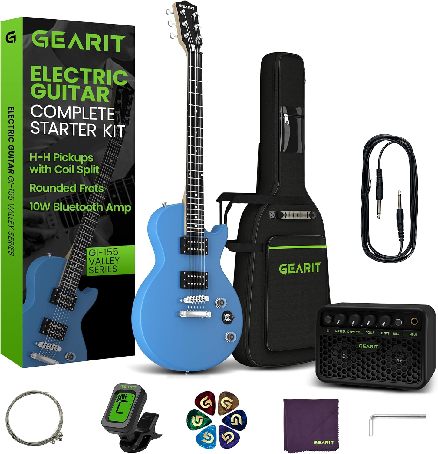 GEARit 39 Inch Full Size Electric Guitar Bundle w/Amplifier, H-H Pickups with Coil Split, Starter Kit with Tuner, Gig Bag, Strap, Cable, Picks, Strings - GI-155 Valley Series, Blue