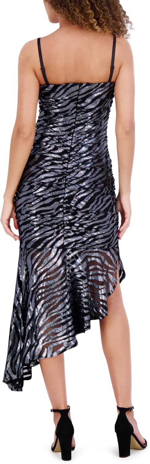 Siena Womens Removable Straps Bandeau Printed Stretch Mesh Asymmetrical Midi Dress