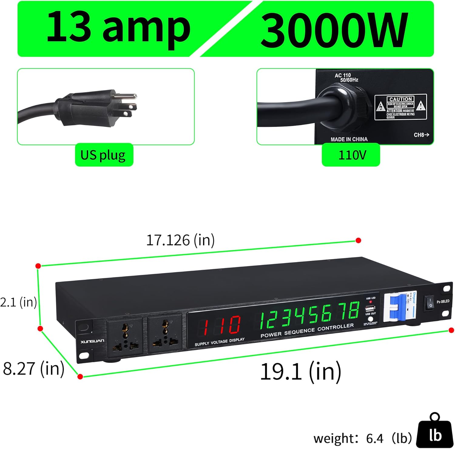 LED 10 Outlet Power Sequencer Conditioner, 3000W Rack Mount professional audio digital power controller voltage regulator w/voltage readout, USB, big digital display, home theater stage/studio use