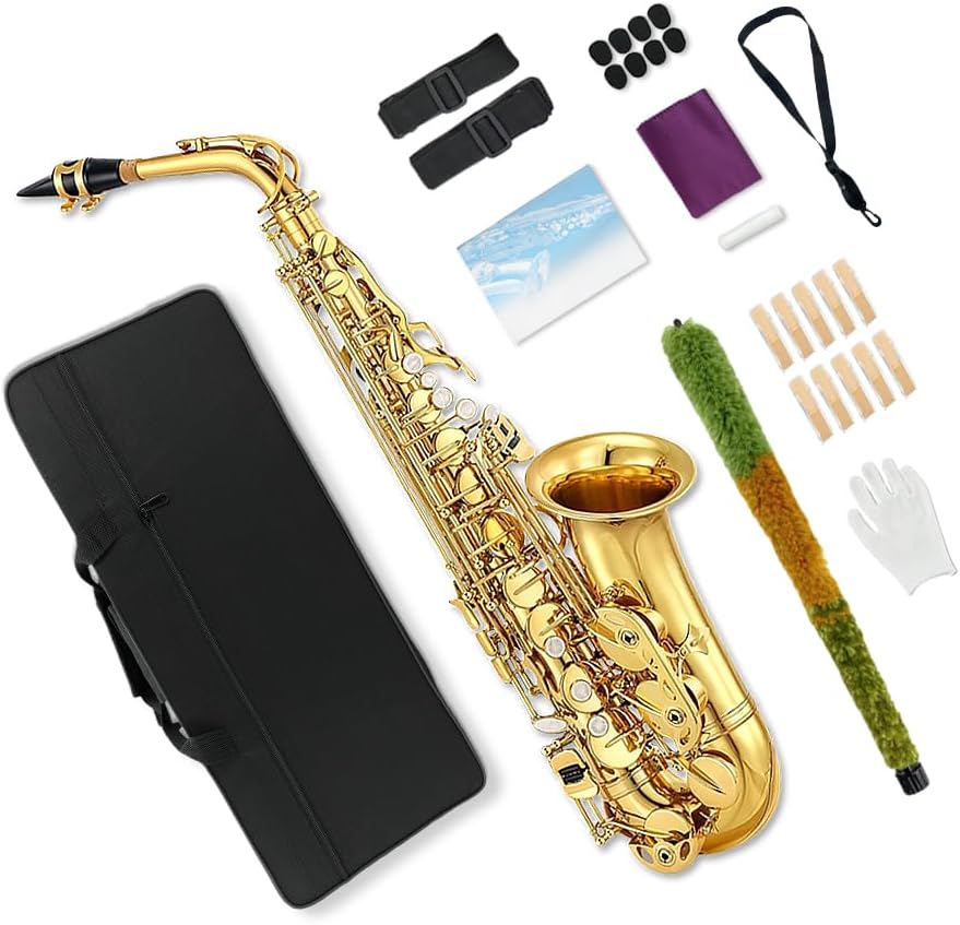 Alto Saxophone E Flat Sax Full Kit With Carrying Case,Mouthpiece,Straps, Reeds Saxophone Beginners Kit for Adults (gold)