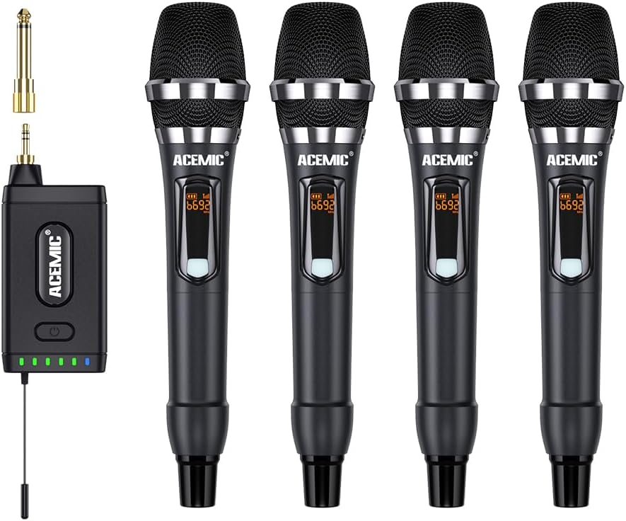 UHF Wireless Microphone System 4-Channel Cordless Mic with 4 Handheld Dynamic Microphones for Church, Speech, Weddings, Karaoke Machine, Q4