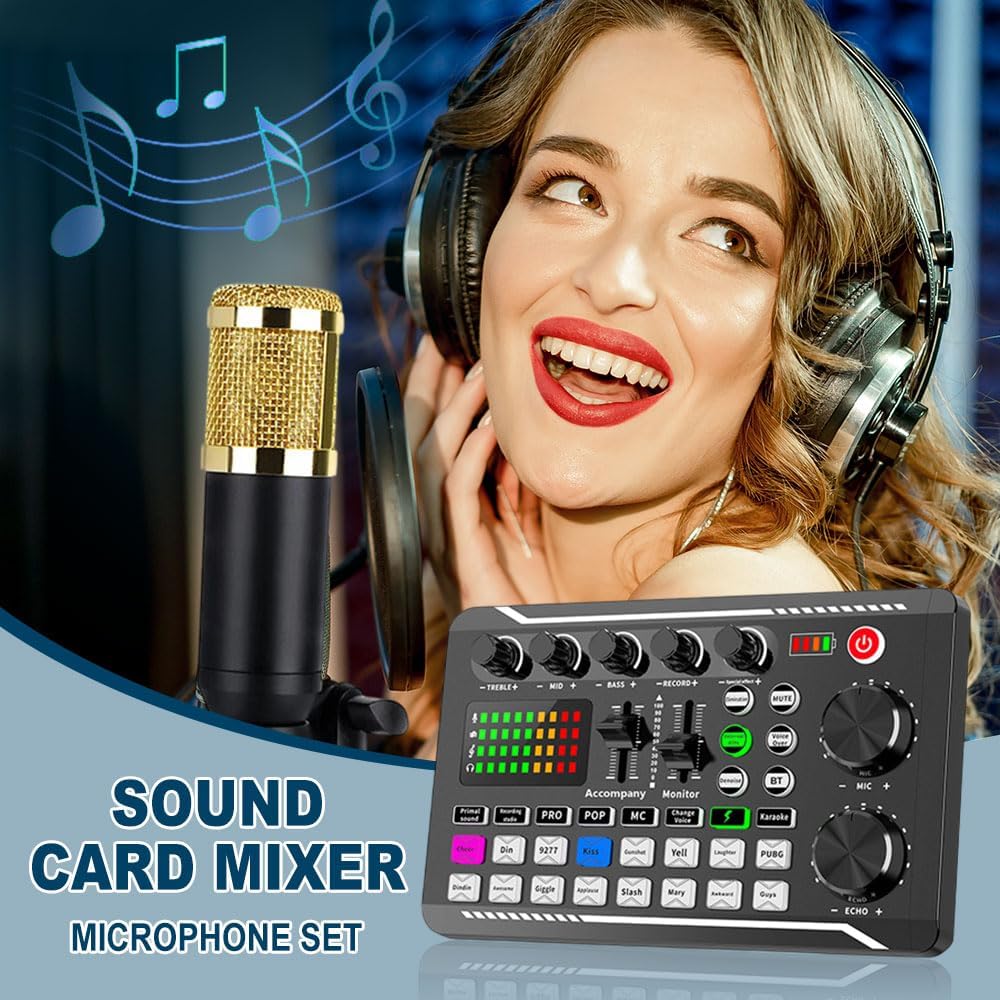 2025 New F998 Live Sound Card With DJ Mixer Effects & Voice Changer, Audio Interface Mixer, Effects Board Set Mixing Console Amplifier for Phone PC (C)