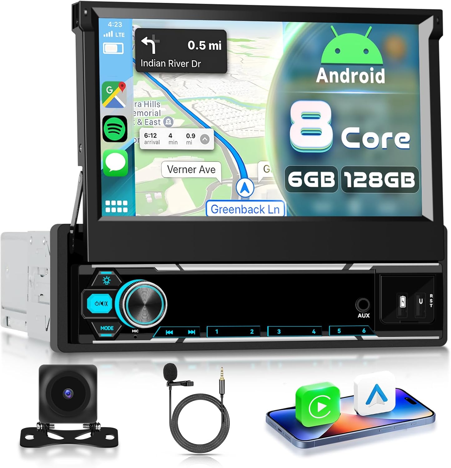 6+128G Android Single Din Touch Screen Car Stereo with Wireless Carplay& Android Auto, 7 inch 1 DIN Flip Out Radio with GPS Wifi Bluetooth Mirror Link Steering Wheel Control FM DSP USB AUX+ Backup Cam