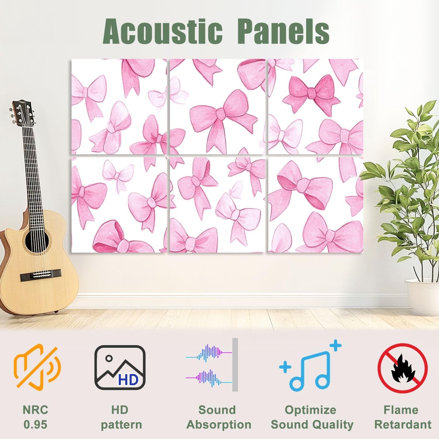 6 Pack Art Acoustic Panels Sound Absorbing Trendy Pink Bow Light Knot Bows Patterns Varying Sizes Cute Playful Decorative Soundproof Wall Panels Self Adhesive for Recording Studios Office 72